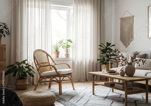 Cozy living room interior with rattan chair plants and neutral colors