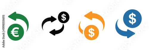 Currency exchange icon, green black orange blue colors, money conversion graphics, finance transfer symbols, vector illustration