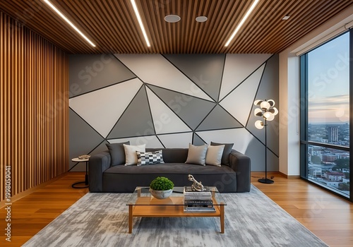 Modern interior design with geometric wall and city view