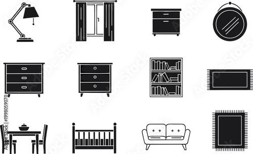 Minimalist black silhouette furniture icon set including desk lamp curtains dresser mirror bookshelf rug dining table crib and sofa for modern home interior design layouts.