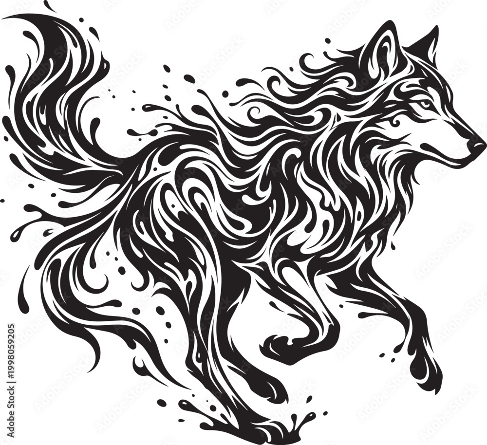 Obraz premium Flowing ink wolf profile abstract silhouette wildlife liquid art vector - Adobe Illustrator Artwork