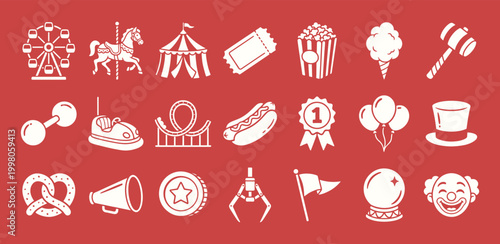 Amusement park rubber hose style icons for vintage carnival and circus event branding