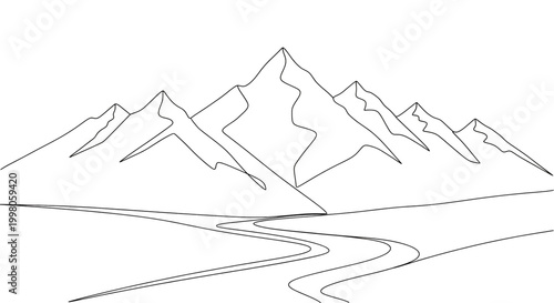 Continuous line drawing of mountain landscape with winding road minimalist mountain range peaks and valley nature scenery one line art illustration of mountains and path