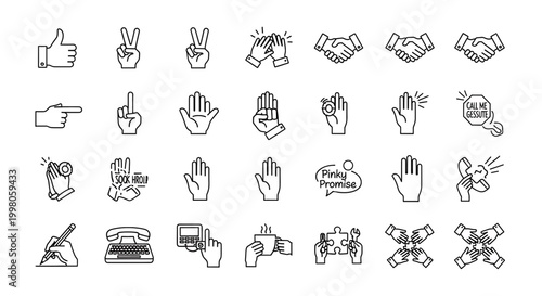 Set of hand gesture icons and communication symbols in minimalist line art style includes handshake, thumbs up, peace sign, pointing, clapping, and teamwork icons