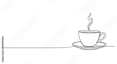 Continuous line drawing of a steaming cup of coffee or tea on a saucer, minimalist line art sketch