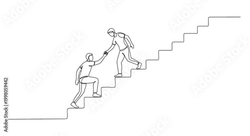 Continuous line drawing of a person helping another to climb up the stairs concept of teamwork, support, mentorship, and success