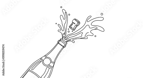 Champagne bottle popping cork with splash line art illustration for celebration