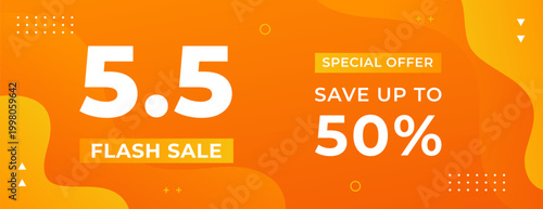 5.5 flash sale promotion banner with orange liquid background, save up to 50%, suitable for advertising banners, templates, digital marketing, e-commerce, events, web and headers