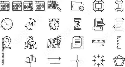 Modern line icon set featuring calendar, time management, navigation, document workflow, measurement tools, and scheduling concepts in minimal outline vector style