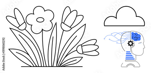 Artificial intelligence, nature harmony, sustainable tech, human innovation, cognition, ecology. Floral design, cloud and robotic head with circuits. Artificial intelligence and nature harmony