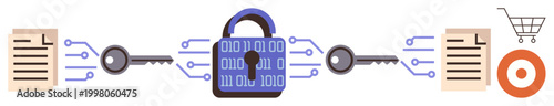 Cybersecurity, data protection, secure transactions, digital encryption, e-commerce, online security. Visual of a lock, keys and digital documents. Cybersecurity and data protection concept