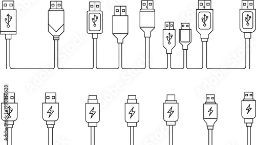 USB cable and charging connector icon set featuring various plug types including type A type C micro USB and lightning power ports in line art.
