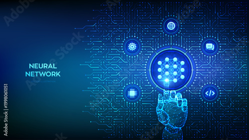 Neural network technology concept. Artificial Intelligence. Big data analysis. AI. Machine Learning. Background with circuit board connections and tech icons. Vector Illustration.