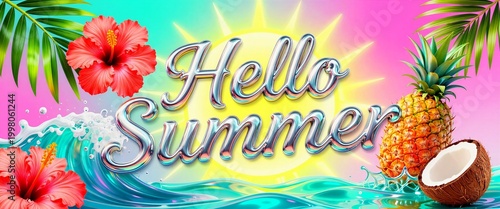 Hello Summer typography with hibiscus, pineapple and coconut. Tropical vacation concept with ocean wave and bright sun. Colorful background for seasonal holiday party banner design.