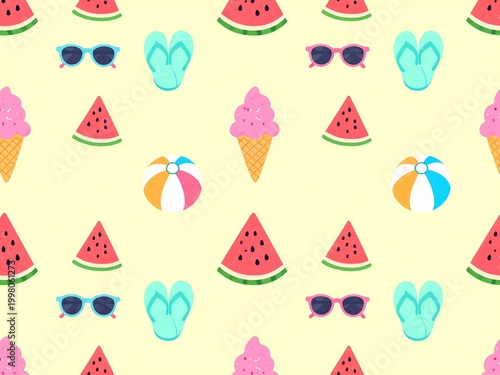 Seamless pattern with summer elements like watermelon, ice cream, flip flop, sunglass and beach ball. Bright wallpaper for vacation theme. Creative flat design for holiday background.