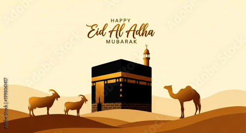 Happy Eid Al Adha Mubarak Greeting with Kaaba and Golden Animals