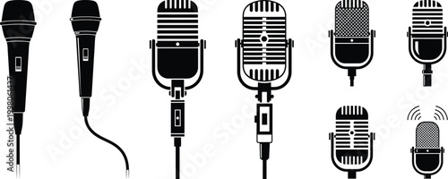 Vintage microphones collection a black and white silhouette of classic recording equipment