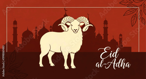 Eid al-Adha Mubarak Greeting with Sacrificial Ram and Mosque