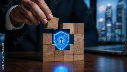 Building strong digital defense A hand places a block with a glowing padlock shield, signifying robust cybersecurity and data privacy solutions