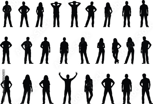 People silhouettes poses set, men and women standing in confident and casual positions, human figures collection isolated for lifestyle, web, presentation and design use