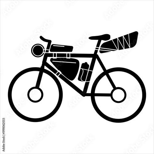 Minimalist adventure bicycle icon, bikepacking equipment symbol, touring bicycle with bags.