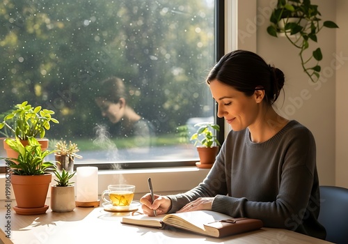 Woman writing in a notebook near a window with plants and sunlight