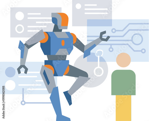 Robot performs a dance move while a person observes digital interface panels floating in the background.