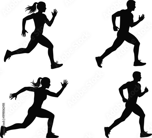 Running silhouettes set featuring male and female athletes in dynamic sprint poses, fitness and sports concept isolated on white background