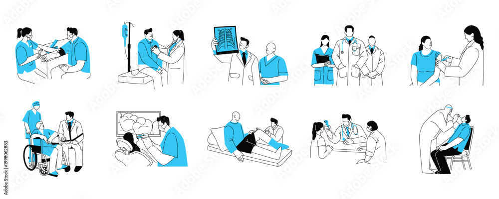 Fototapeta premium Line Art Healthcare and Medical Services Illustration Set, Doctors and Patients Character Collection. Minimalist Line Art Healthcare and Medical Services Vector Illustration Set