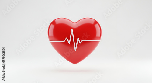 3D Red Heart with EKG Line Symbolizing Health and Life.