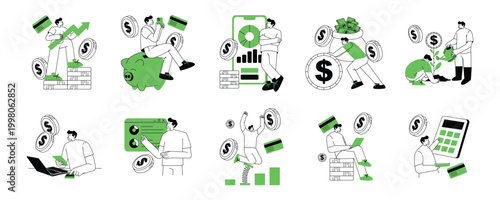 Flat vector illustration of financial management and personal investment concepts. Minimalist line art character set for money savings, banking, and wealth growth