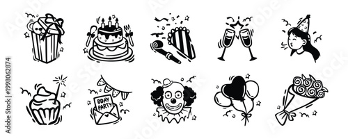 Hand drawn doodle birthday party celebration element set vector. Cute doodle birthday party illustration set for invitation and greeting card