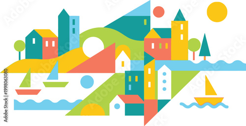 Coastal village landscape features houses, sailing boats, and mountains depicted with geometric shapes and bright colors.
