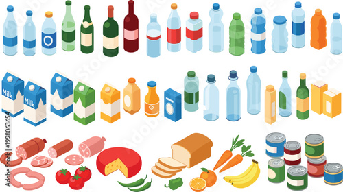 Isometric Grocery Store Food and Drink Product Collection with Bottles Dairy Meat and Fresh Vegetables Vector Illustration