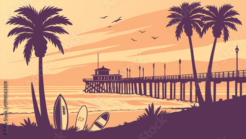 Huntington Beach pier skyline silhouette with surfboards vector