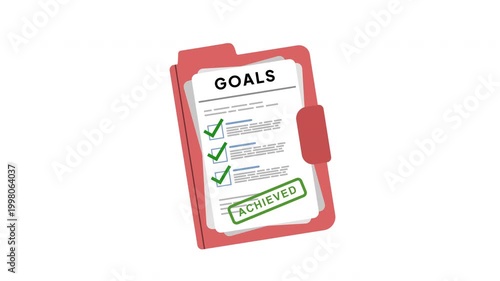 Animation of a Goals Document Sheet with Achieved Stamp Effect for Success Tracking, Productivity and Business Performance