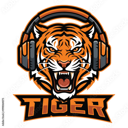 Obraz na płótnie Vibrant orange tiger head wearing headphones for gaming or music