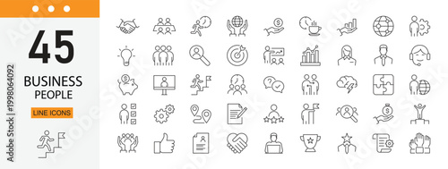 Business people icons set representing professionals, teamwork, office workers, leadership and corporate communication. Editable Stroke.