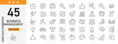 Business management icons set representing planning, organization, leadership, workflow, operations and corporate management. Editable Stroke.