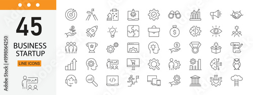 Business startup icons set representing new business, entrepreneurship, idea, funding, growth and innovation . Editable Stroke.