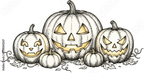 Vintage engraved style illustration of three spooky Happy Halloween 2026!! Halloween jack-o-lanterns with glowing faces, small pumpkins, vines, and autumn leaves isolated on a white background
