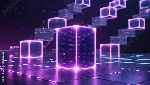 Futuristic glowing purple cube data visualization center stage surrounded by floating digital blocks on a reflective dark platform.
