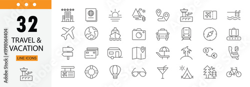 Travel and vacation icons set representing tourism, holidays, trips, destinations, luggage, hotel and adventure. Editable Stroke.