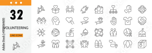 Volunteering icons set representing help, support, community service, charity work, teamwork and social contribution. Editable Stroke.