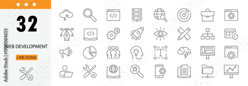 Web development icons set representing coding, programming, website design, front end, back end, development and digital solutions. Editable Stroke.