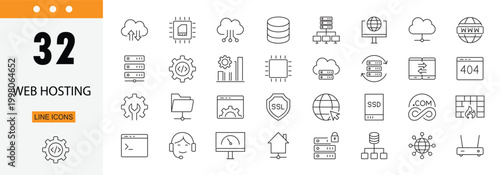 Web hosting icons set representing servers, domains, cloud storage, websites, data hosting, network and online services. Editable Stroke.