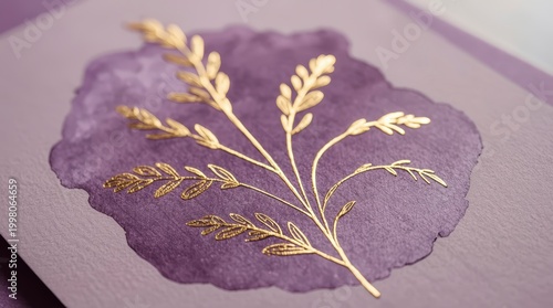 Gold line art illustration of a botanical branch printed on textured purple paper