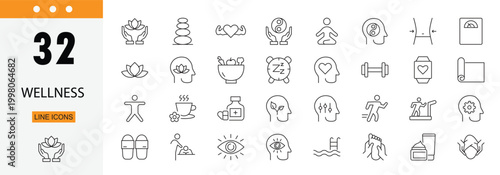 Wellness icons set representing healthy lifestyle, self care, relaxation, balance, fitness, mental health and overall wellbeing. Editable Stroke.