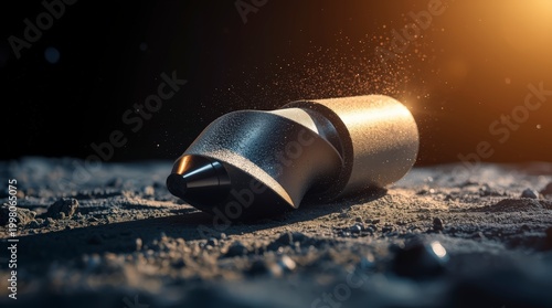 Close up of futuristic metallic drill bit resting on dark lunar surface with glowing ember dust particles and harsh dramatic lighting