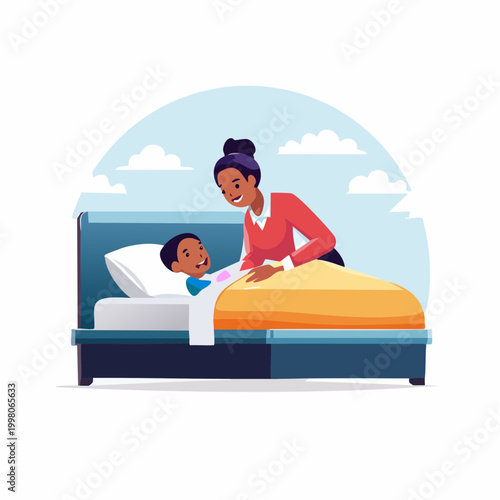 Mother tucking in her child in bed